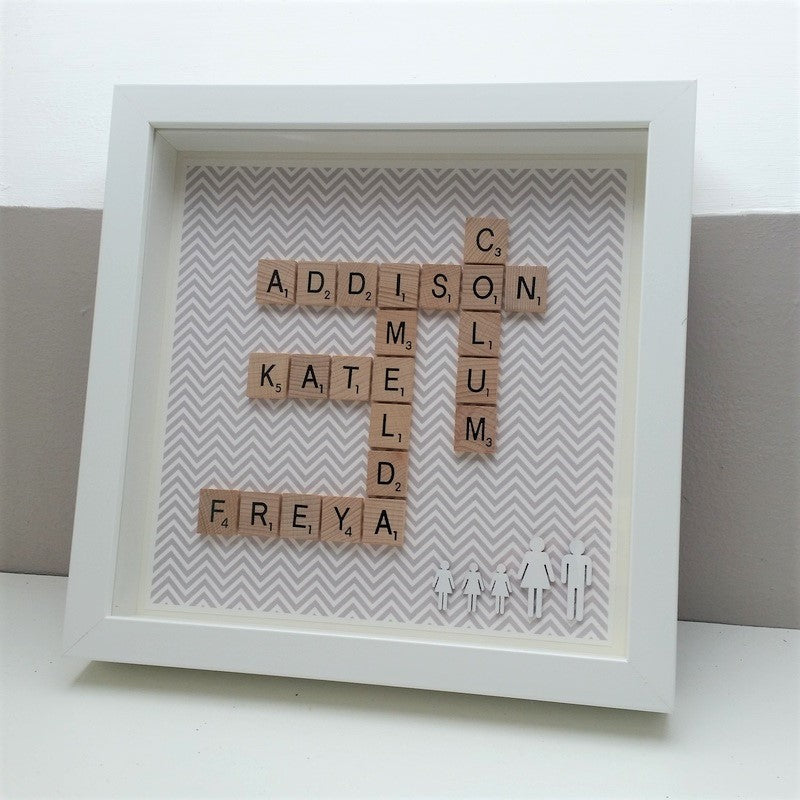 Family Names in wooden scrabble tiles on grey chevron background with little wooden stickfigures in a handmade white 25x25cm deep box wooden frame