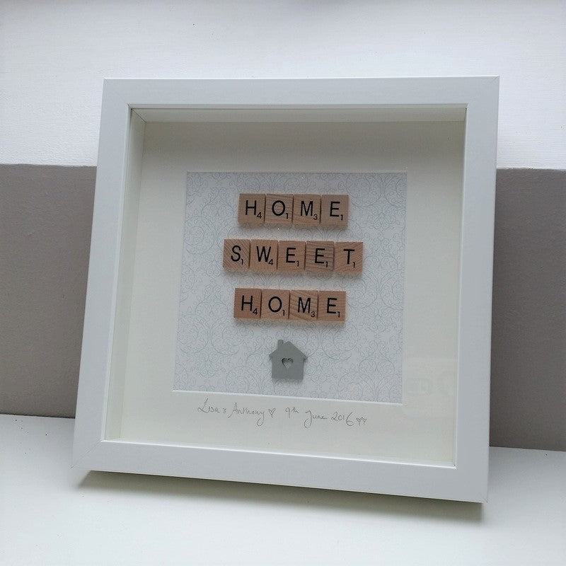 HOME SWEET HOME Scrabble tile White Frame with little wooden house below