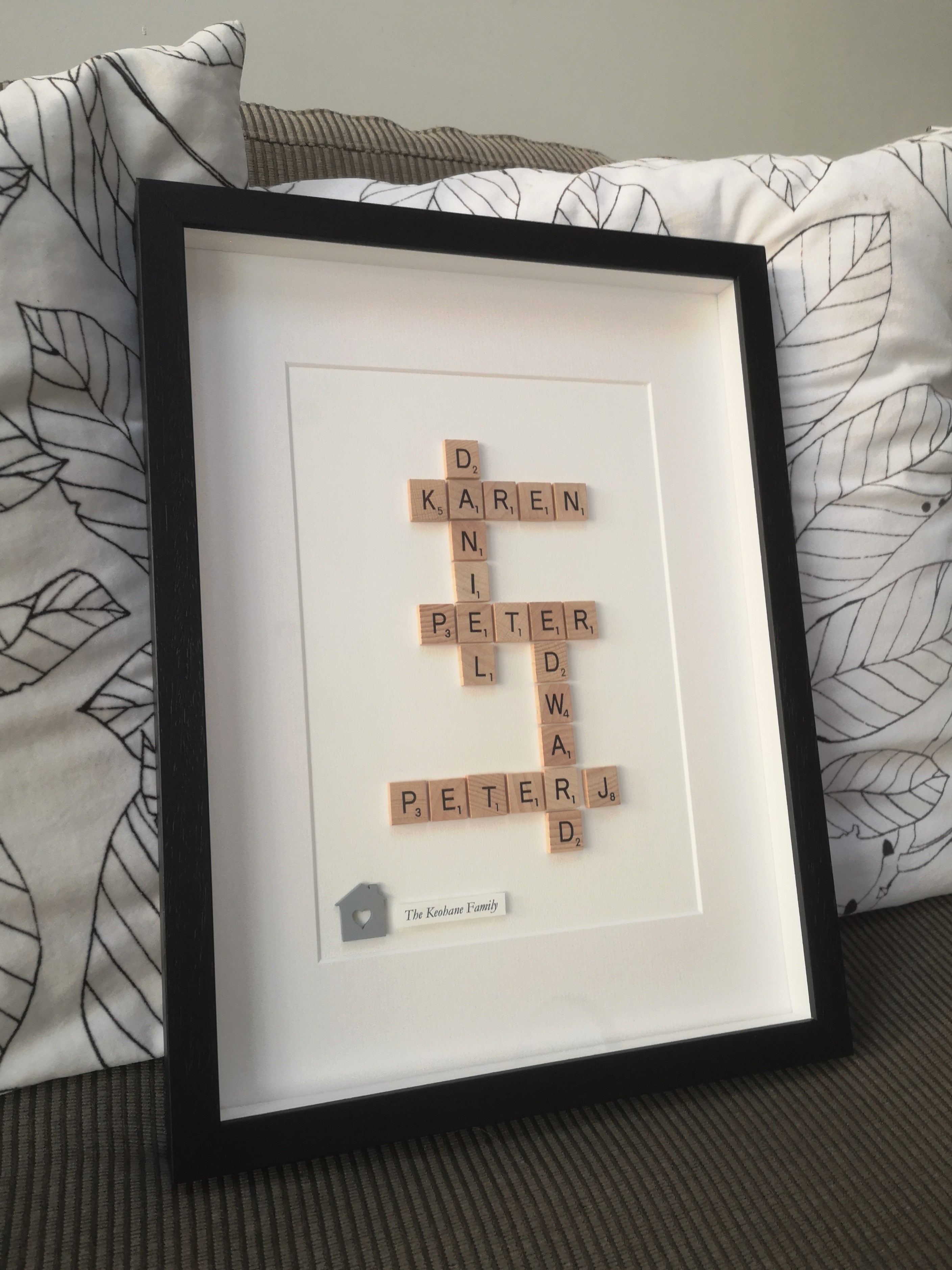 Personalised Family Scrabble name Frame with 5 names in wooden tiles and grey wooden house with family name typed beside it