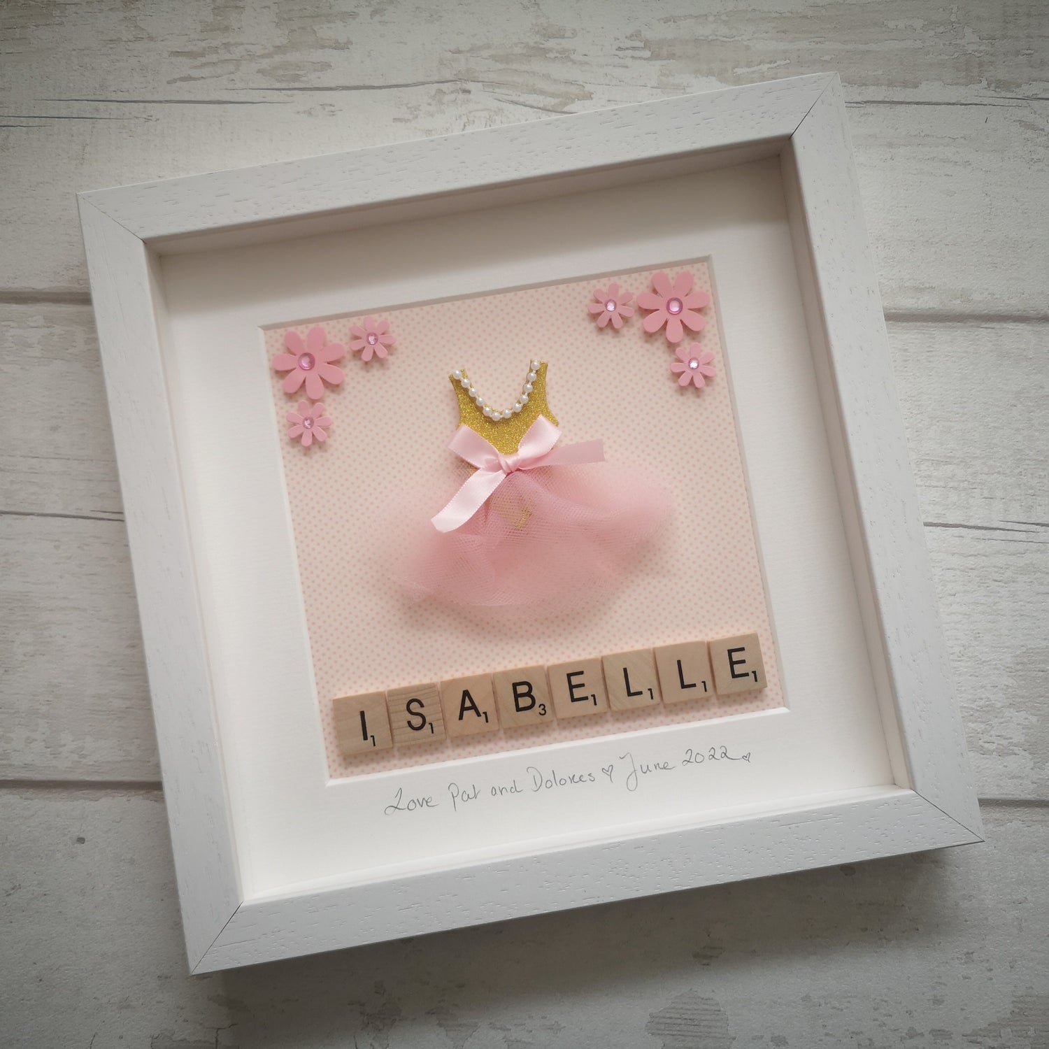 Personalised Girls Scrabble picture with pink gold dress above the tiles, in a handmade wooden 25x25cm deep box frame