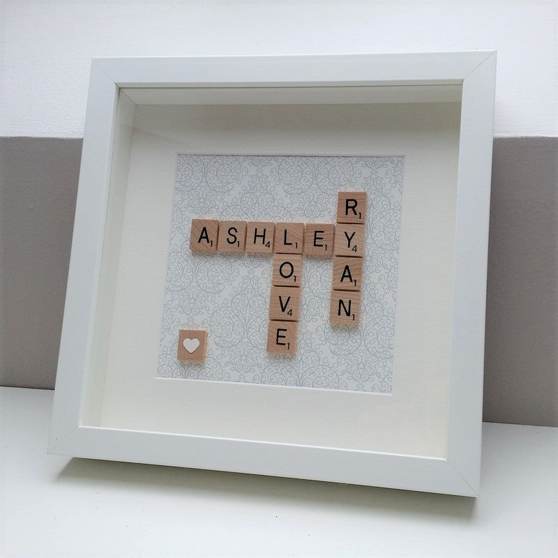 Personalised Wedding Engagement Scrabble name Frame with 2 names and LOVE on blue damask background