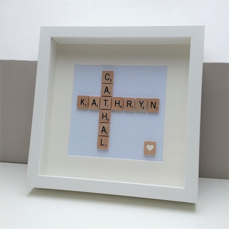 Personalised Wedding Engagement Scrabble name Frame with 2 names and white loveheart on blue pinstripe background