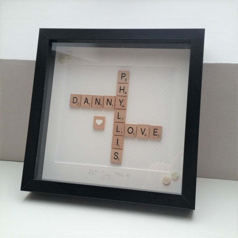 Personalised Wedding Scrabble name Frame with 2 names and LOVE in black frame with cream background and cream buttons in corners
