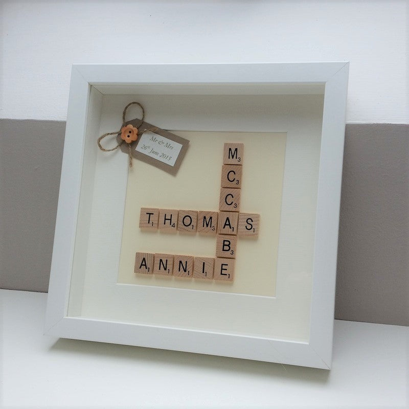 Personalised Wedding Scrabble name Frame with 2 names and surname and a personalised handmade tag in top corner