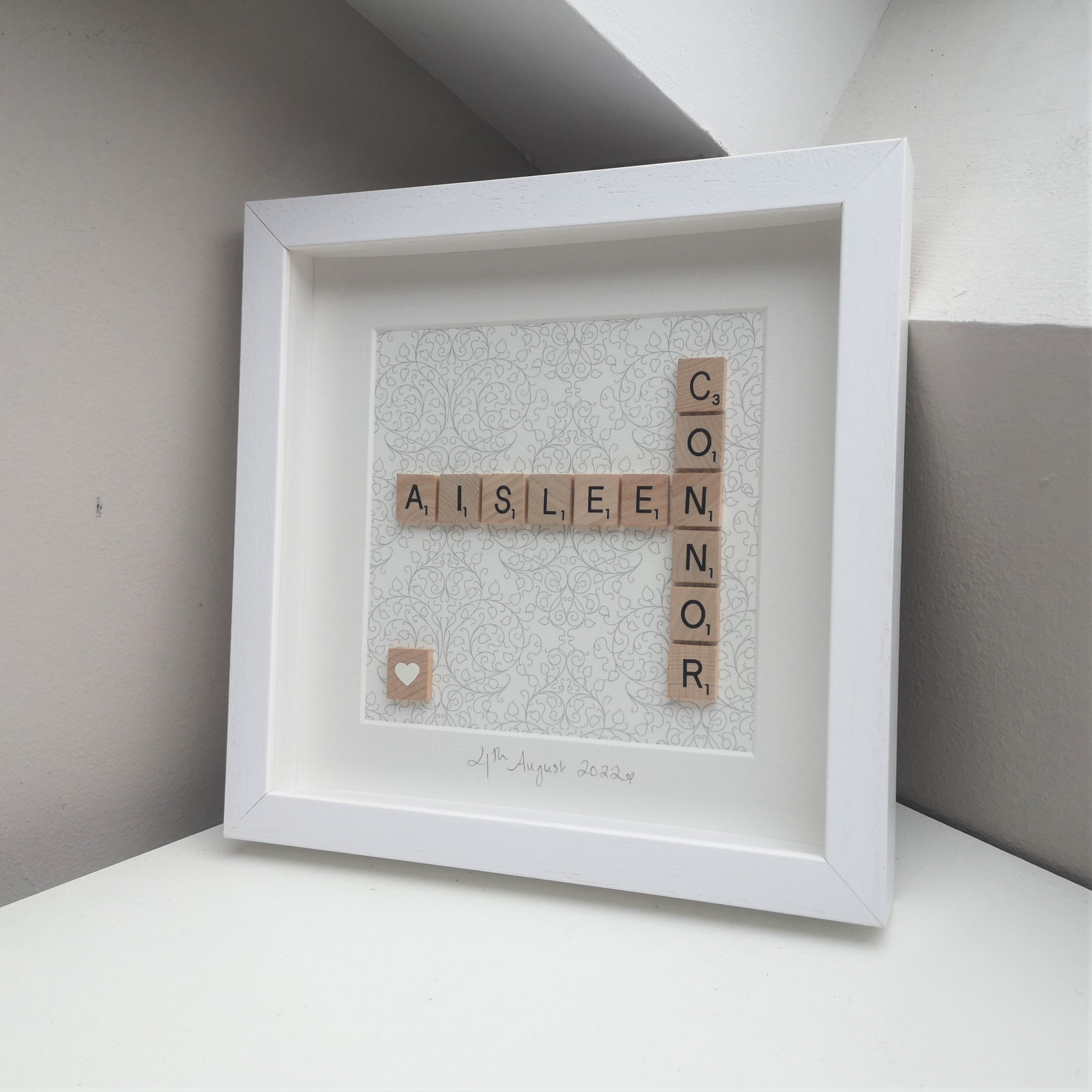 Personalised Wedding Scrabble name frame with 2 names on a teal damask background