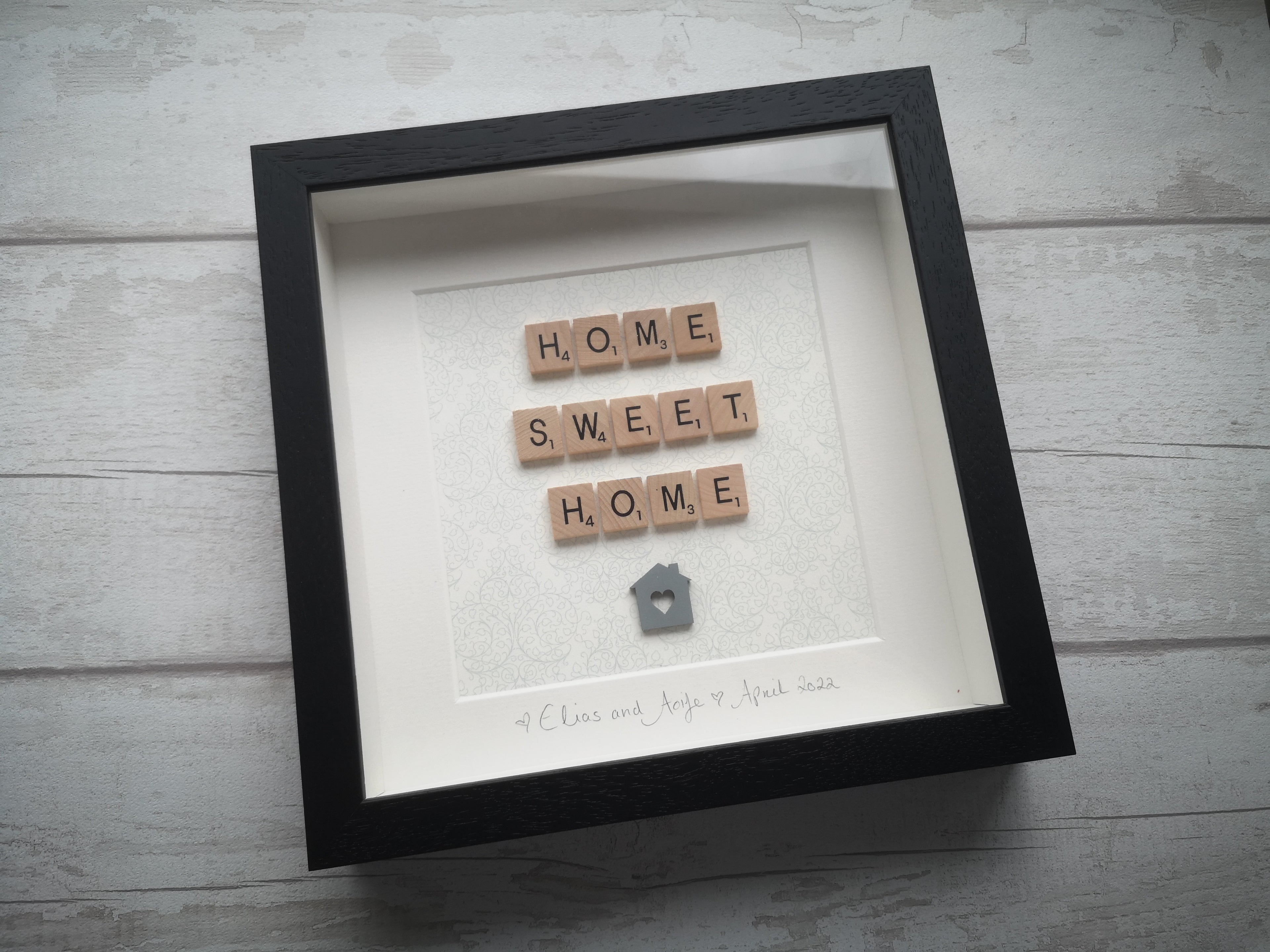 HOME SWEET HOME Scrabble tile Black Frame with little wooden house below the tiles