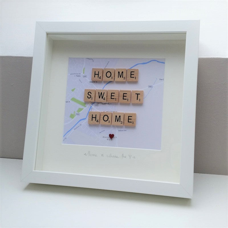 HOME SWEET HOME Scrabble tile White Frame on a personalised map backing, with a little red heart on the house location