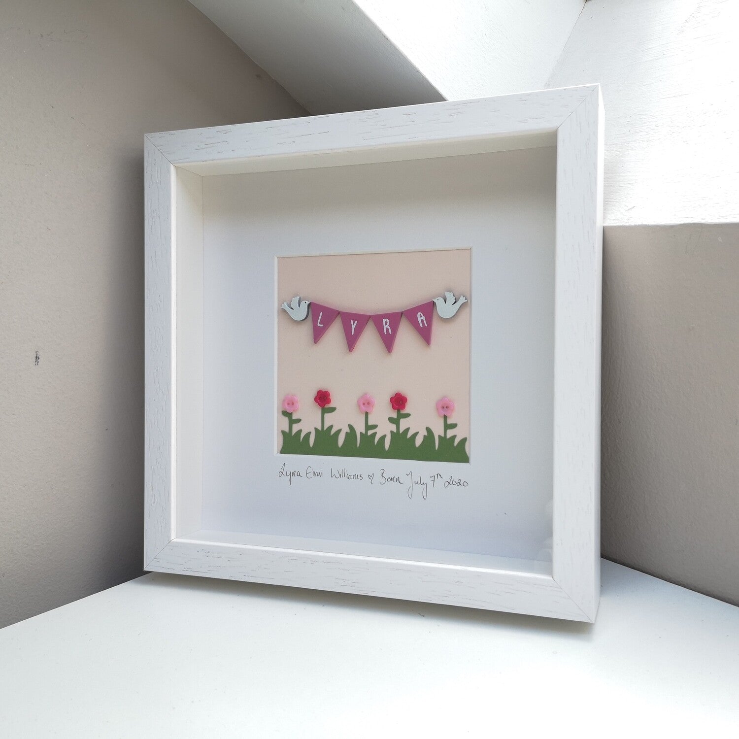 Handpainted pastel pink wooden bunting and doves with button flowers and a 4 letter name frame