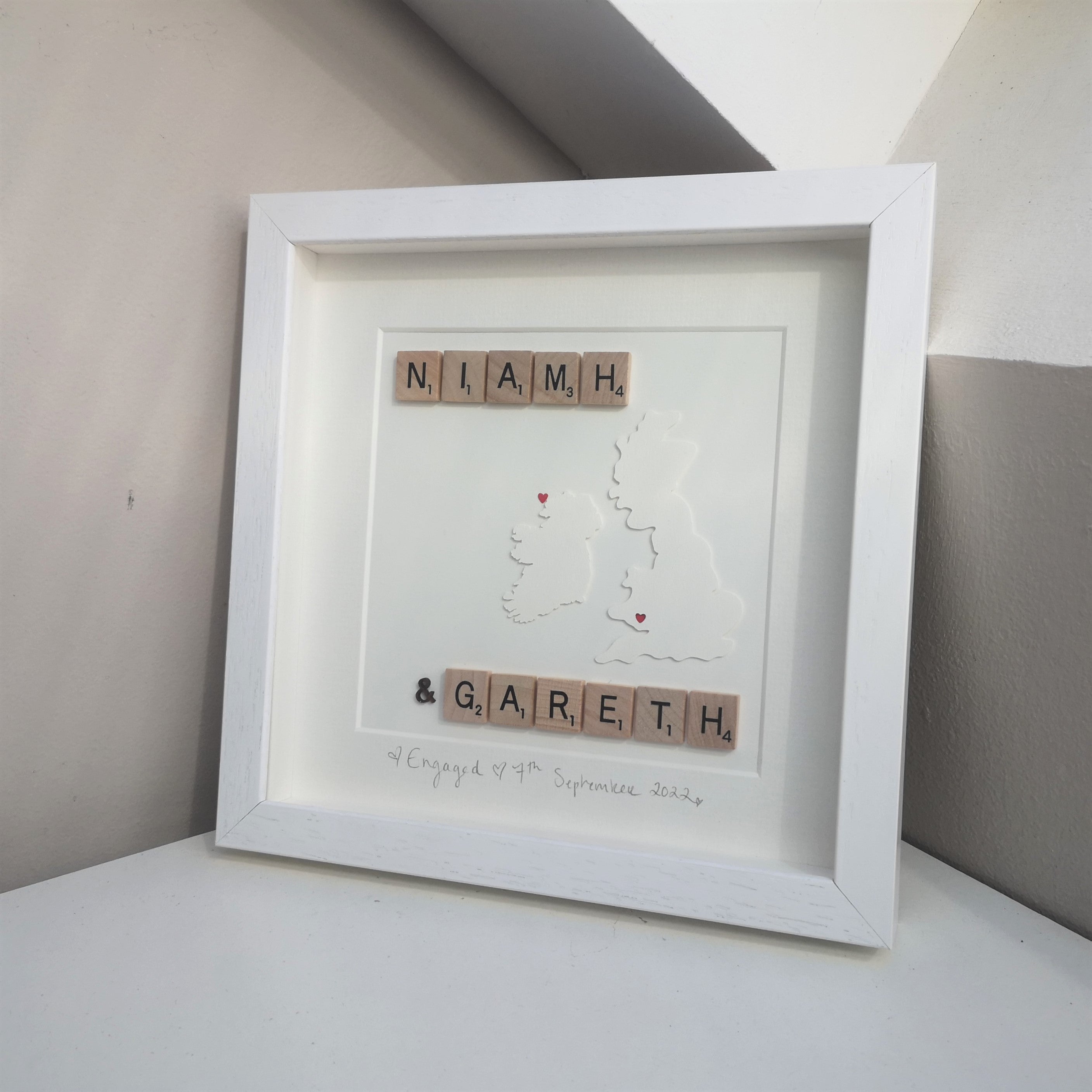 Personalised Engagement Scrabble name frame with 2 names and 2 Papercut Countries - Ireland and England, and heart cutouts