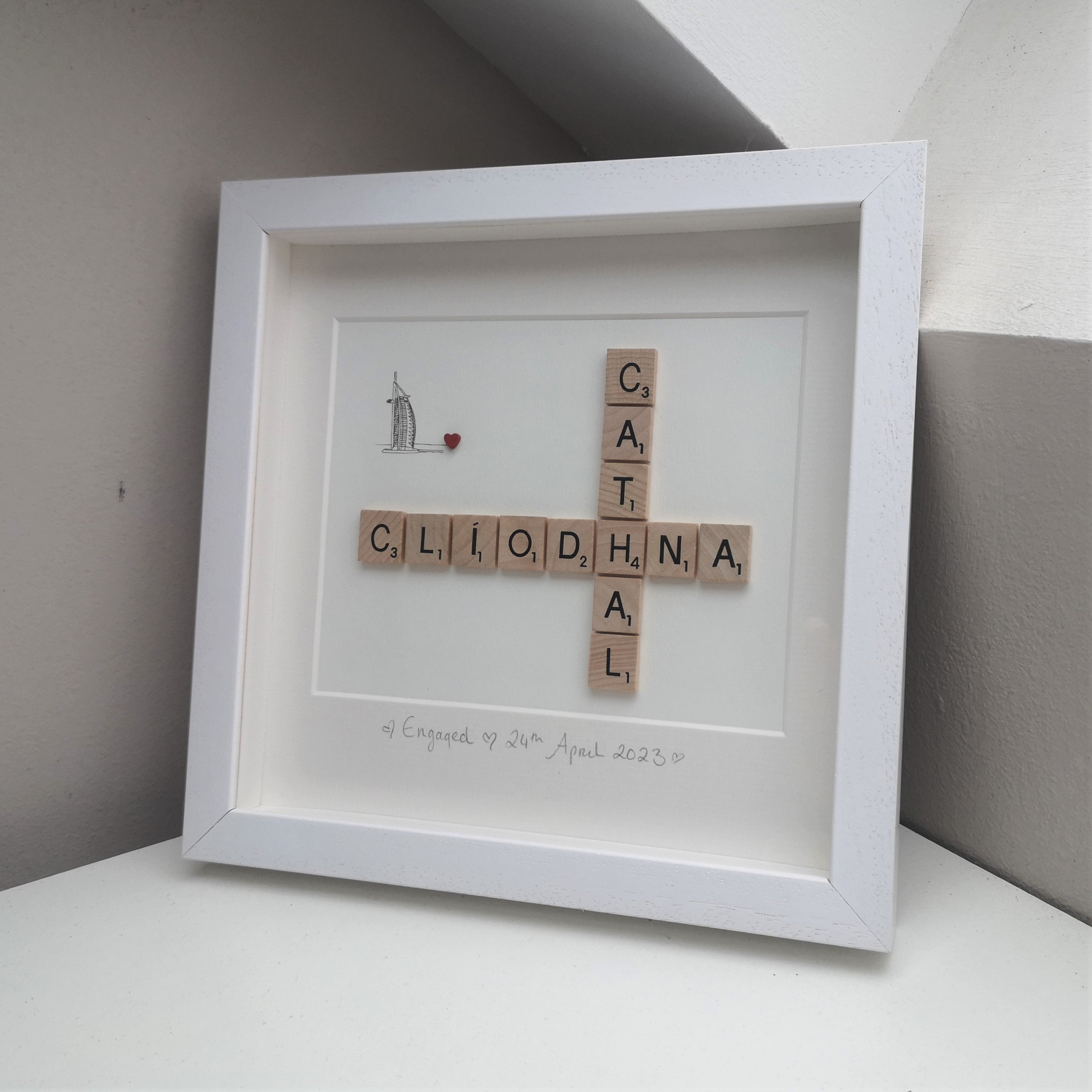 Personalised Engagement Scrabble name frame with a city skyline in top corner