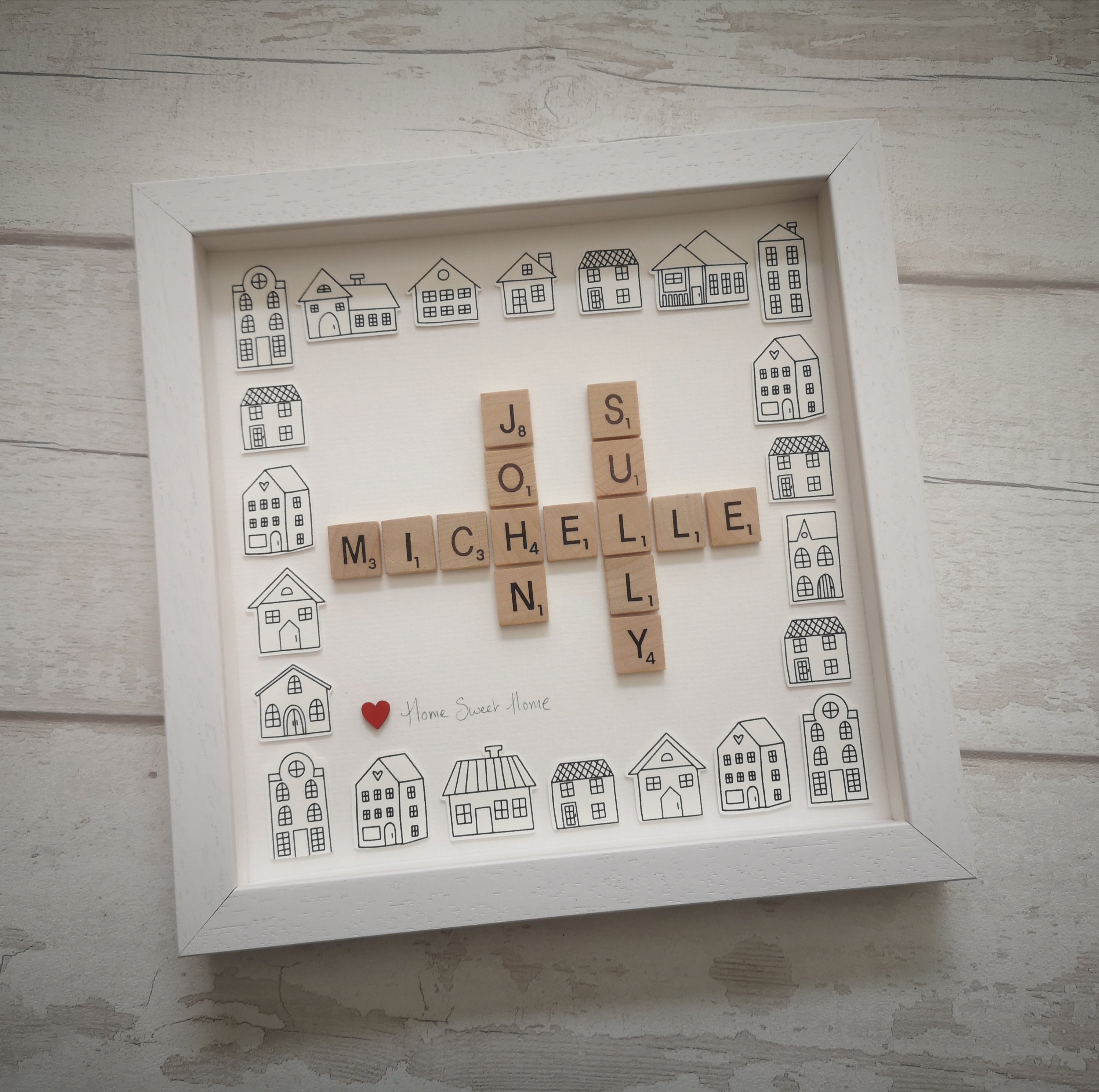 Personalised Family Member White Scrabble tile Frame with little papercut houses around the edges, bordering the names