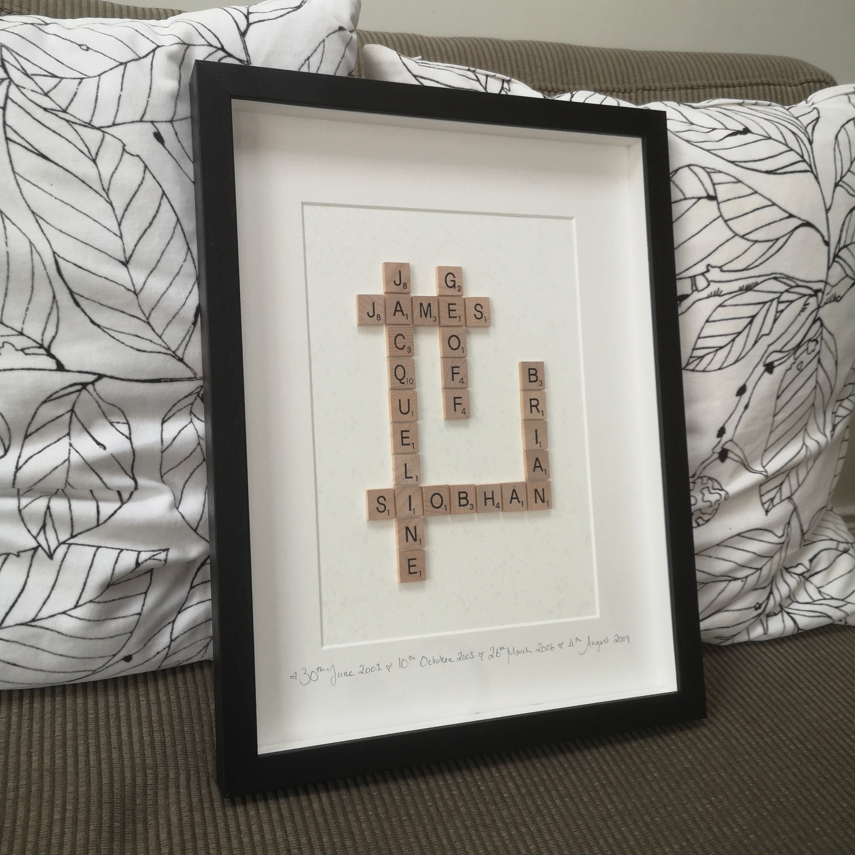 Personalised Family Scrabble name Frame with 5 names in black frame and handwritten pencil inscription