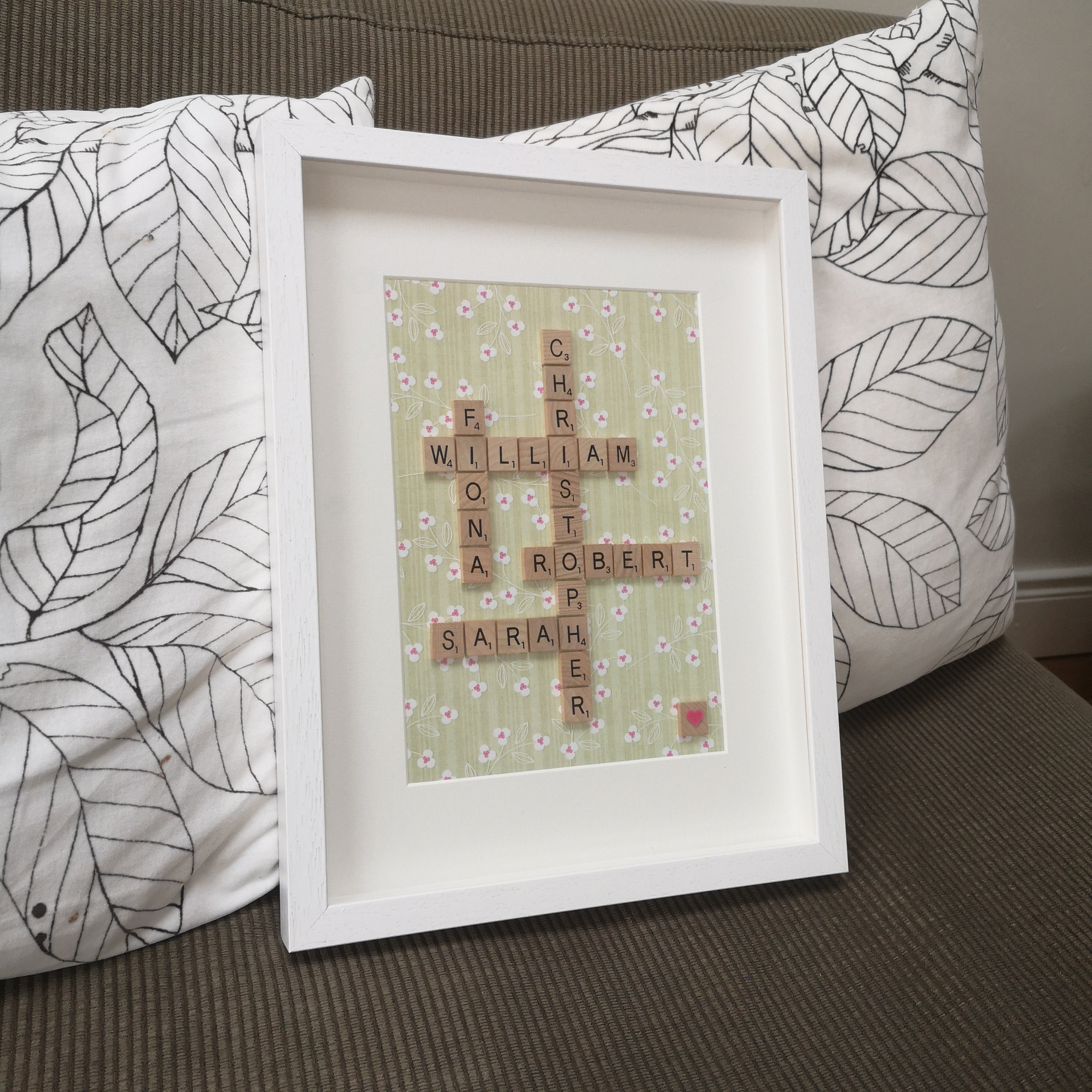 Personalised Family Scrabble name white wooden Frame with 5 names on floral background