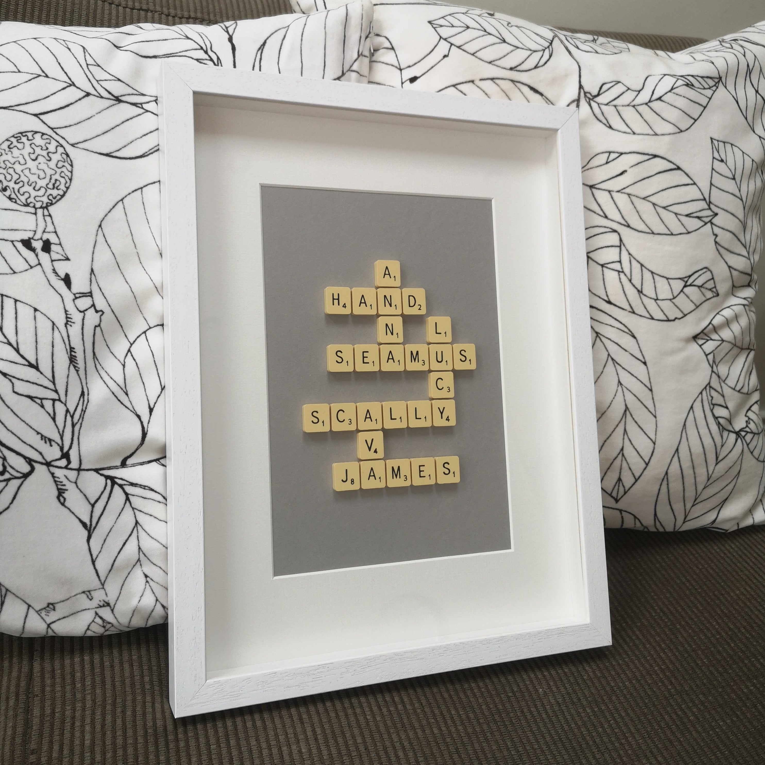 Personalised Family Scrabble name Frame with 7 names in vintage cream tiles, white frame and grey background