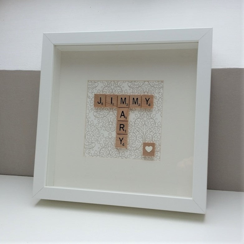 Personalised Wedding Engagement Scrabble name Frame with 2 names on gold damask background