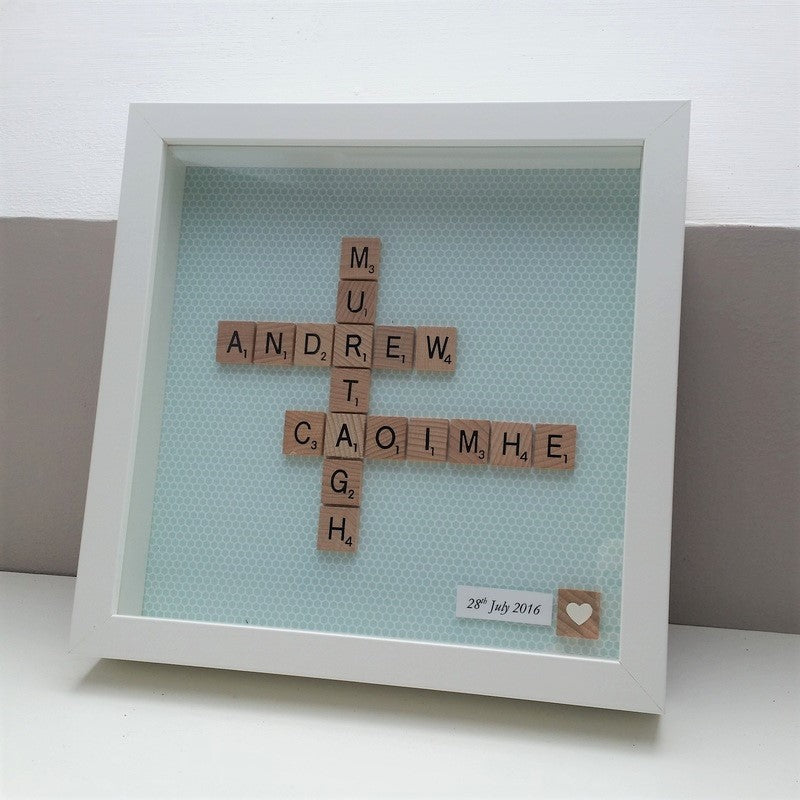 Personalised Wedding Engagement name Frame with 3 names in wooden tiles and a heart tile with date beside it on a mint background
