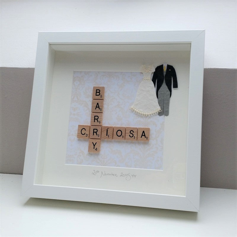 Personalised Wedding Scrabble name Frame with 2 names and mulberry Bride and Groom in top corner