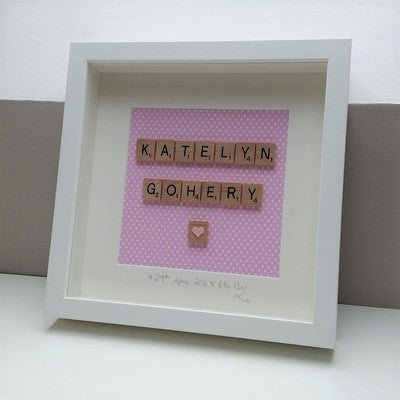 Personalised polkadot pink 2 name Scrabble frame with loveheart tile
