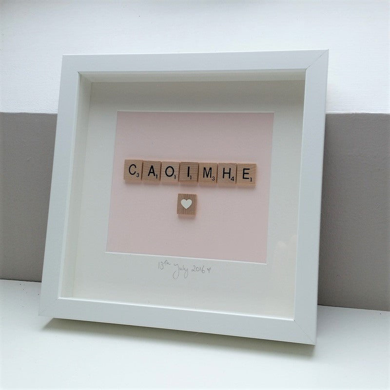Handmade wooden deep box Frame with girls name in scrabble tiles on pastel pink background and a loveheart tile below