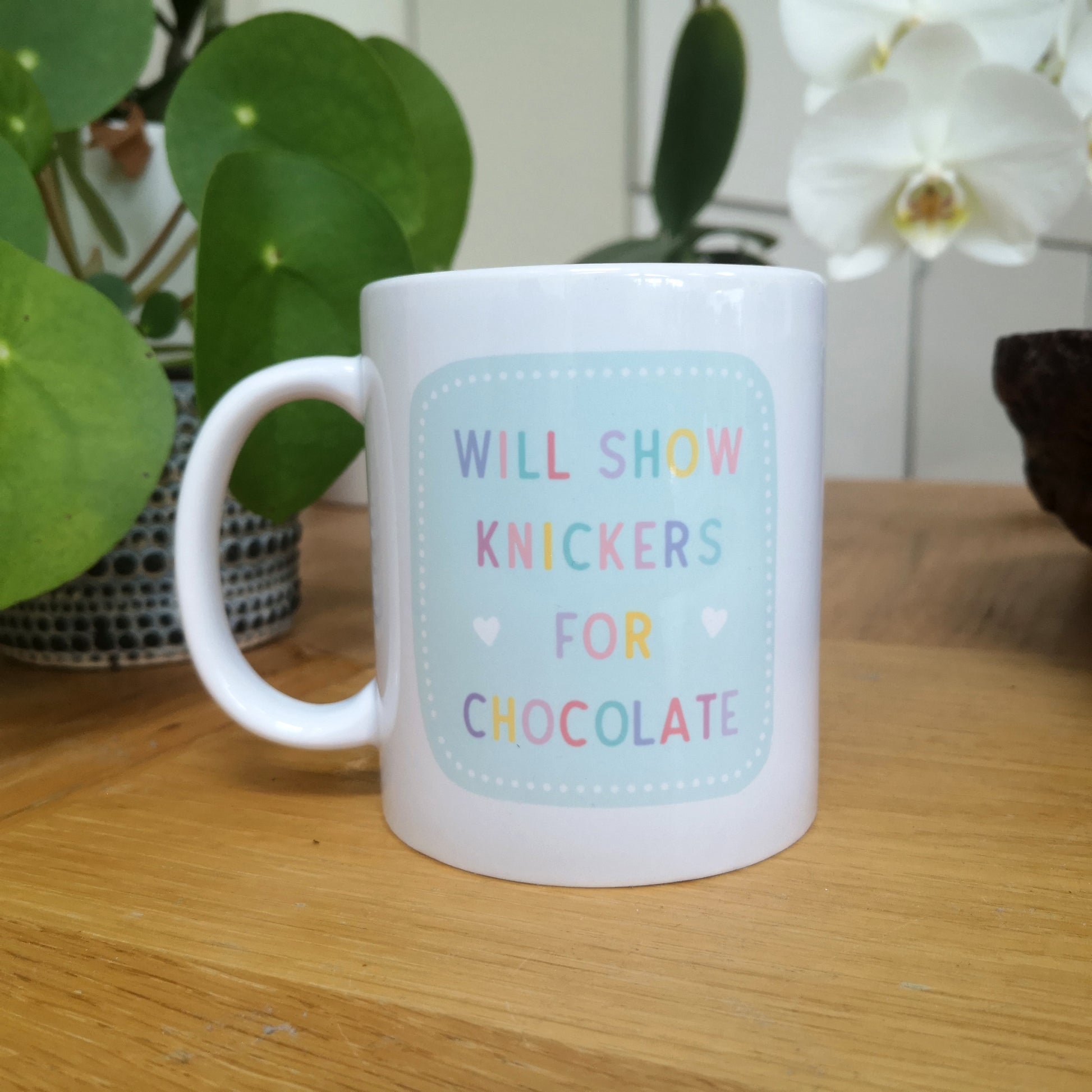 A ceramic mug with 'WILL SHOW KNICKERS FOR CHOCOLATE' in colourful writing.